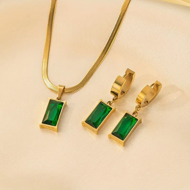 Conjunto Colar Espinha e Argolas com Rectângulo Verde