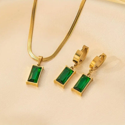 Conjunto Colar Espinha e Argolas com Rectângulo Verde