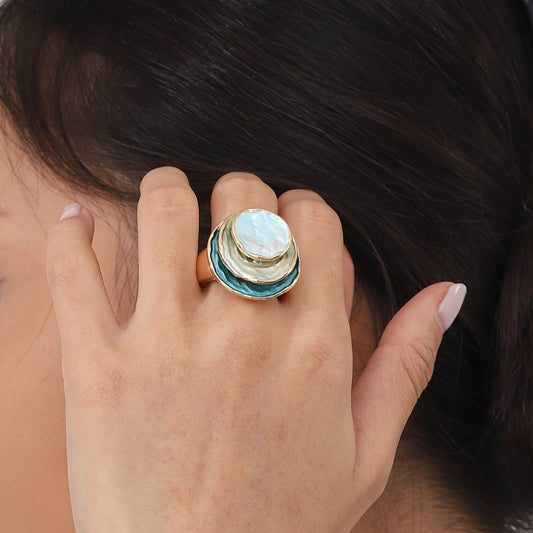 Anel Três Discos de Esmalte Azul e Verde