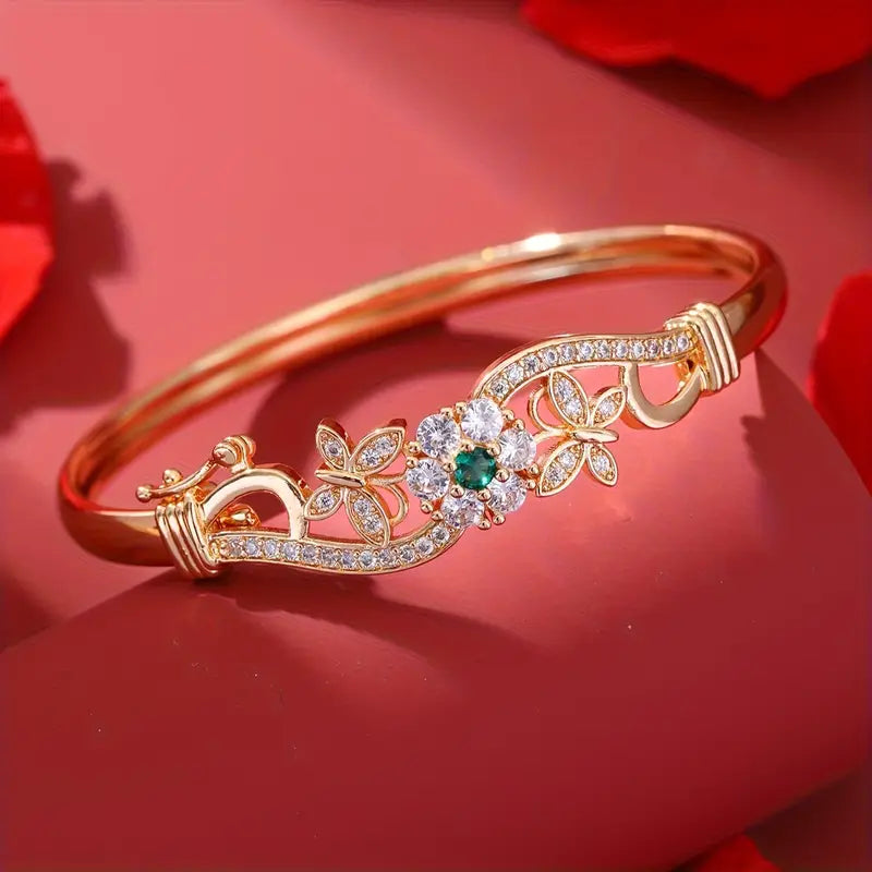 Pulseira Rígida Flor com Centro Verde e Borboletas