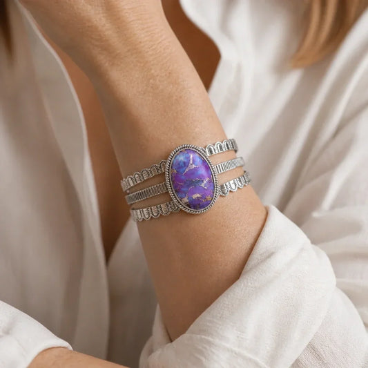 Pulseira Rígida Três Aros com Pedra Roxa