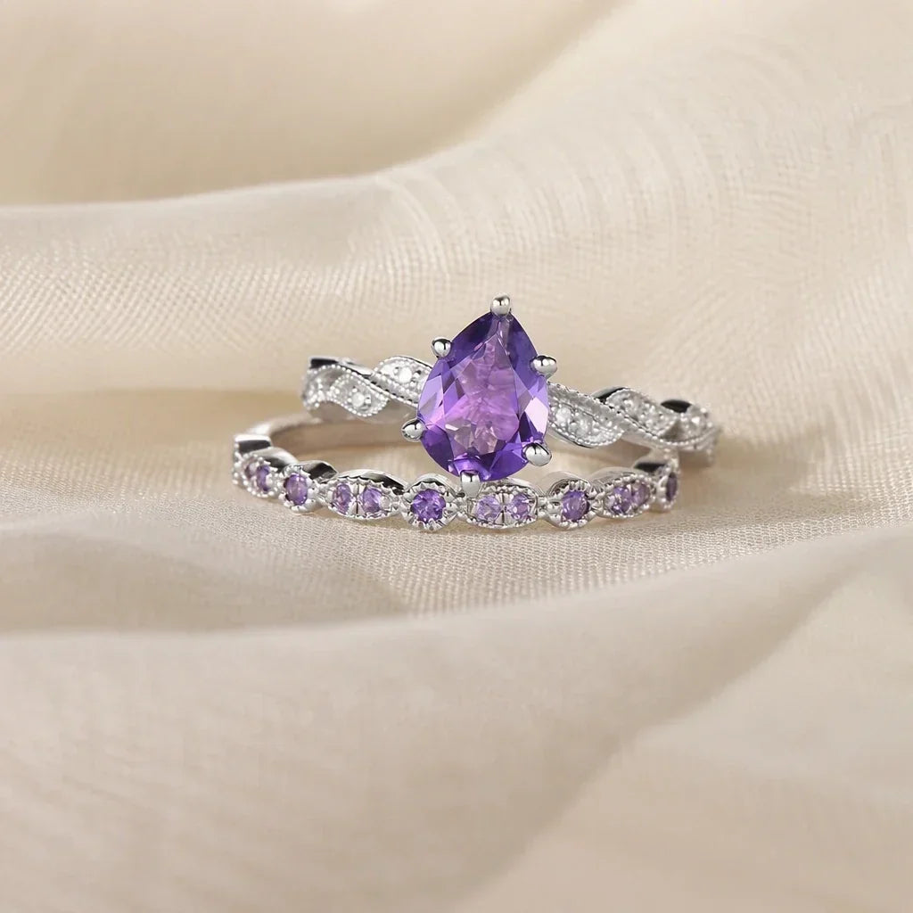 Conjunto Dois Anéis com Gota Roxa