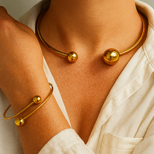 Conjunto Colar Rígido e Pulseira com Bolas