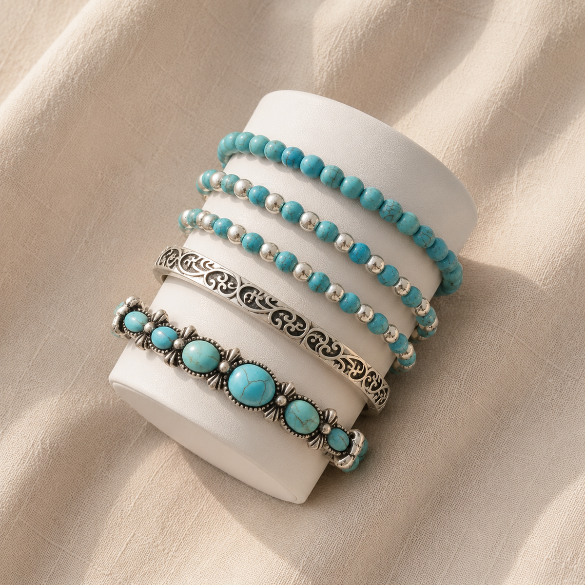 Conjunto Cinco Pulseiras Azuis e Prateadas