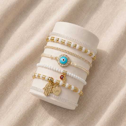 Conjunto Seis Pulseiras com Olho e Mão de Fátima