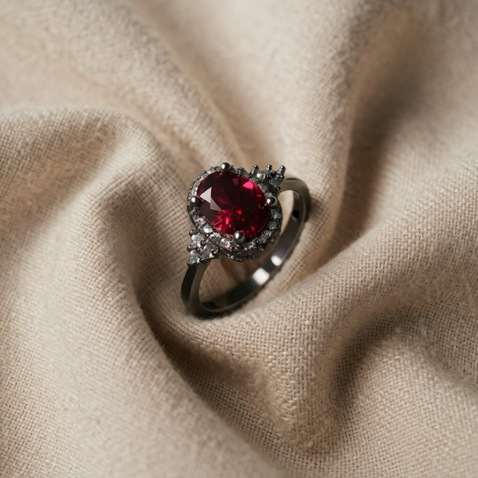 Anel Oval Vermelho com Orla e Triângulos de Pedrinhas