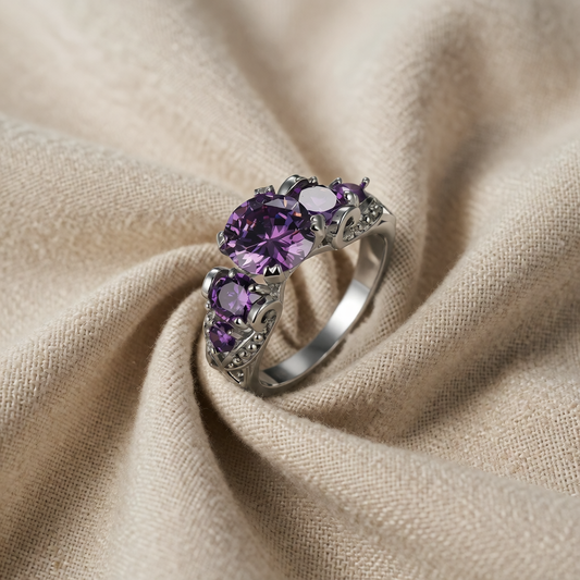 Anel Cinco Pedras Roxas com Espirais