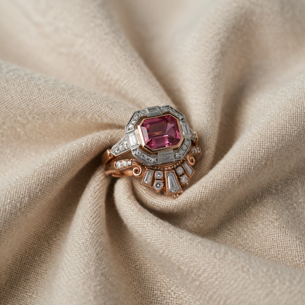Anel Rectangular Rosa com Moldura Prateada