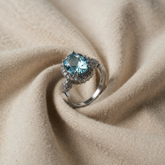 Anel Oval Azul-Claro com Orla de Pedrinhas