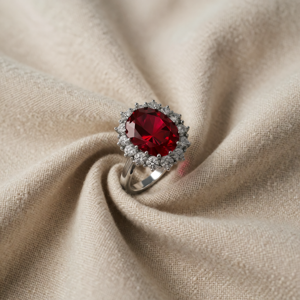 Anel Oval Vermelho Grande com Orla de Pedras Brancas