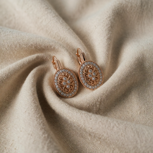 Brincos Oval Dourado-Rosa com Arabescos