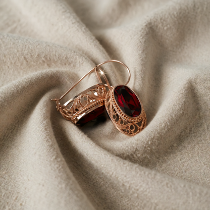 Brincos Oval Vermelho em Filigrana Dourado-Rosa