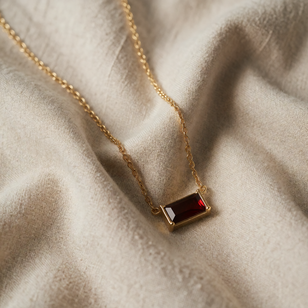 Colar Baguete Vermelho-Escuro em Moldura Lisa