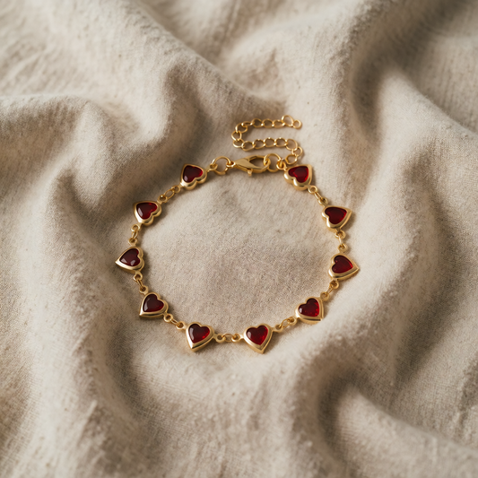 Pulseira Dez Corações Vermelhos Dourada