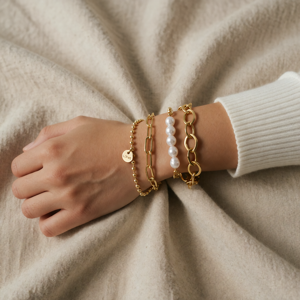 Conjunto Quatro Pulseiras de Elos com Medalha e Pérolas