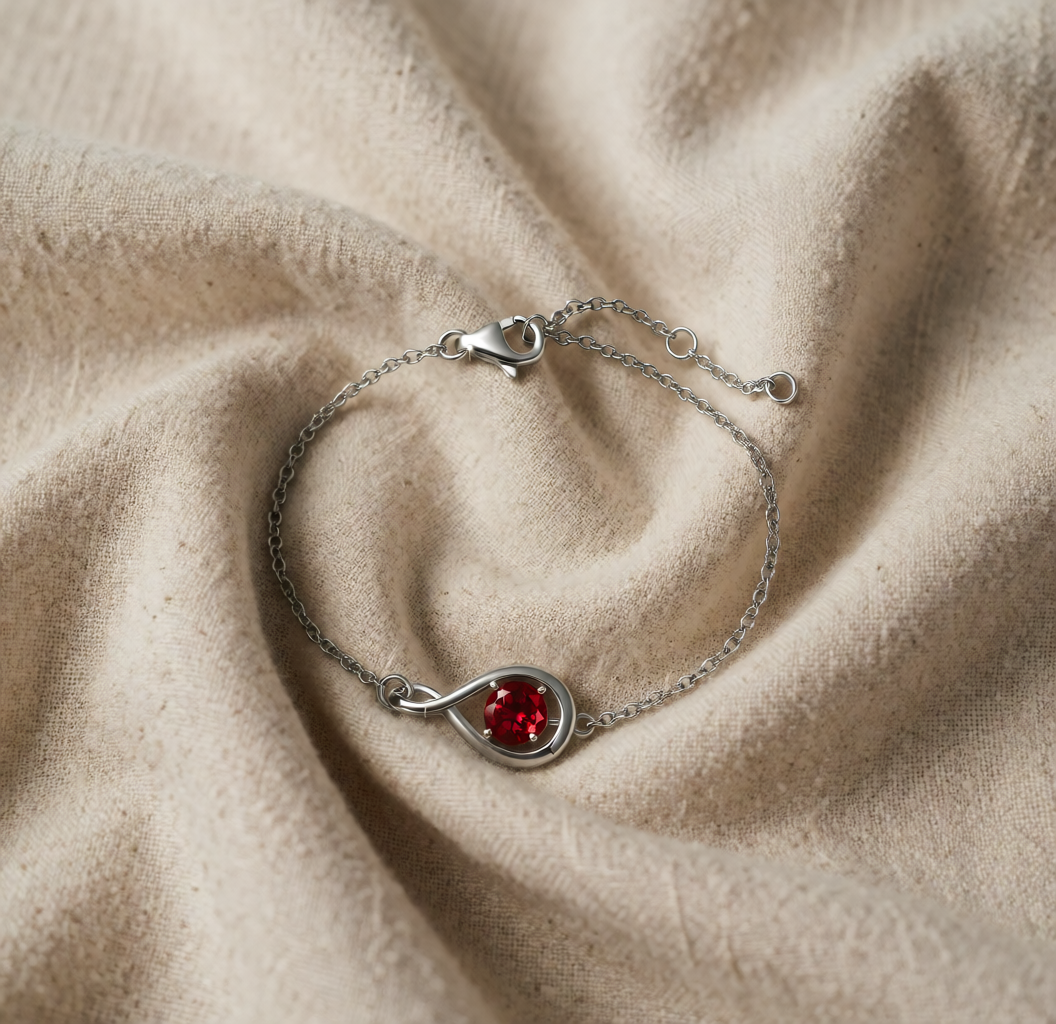 Pulseira Fina Infinito com Pedra Vermelha
