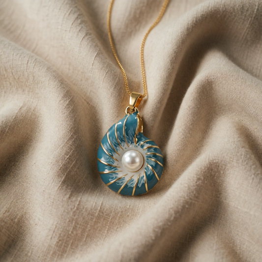 Colar Concha em Espiral Azul com Pérola