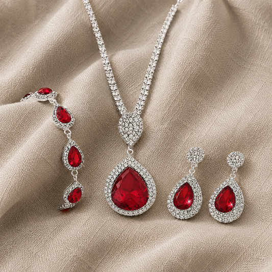 Conjunto Colar, Pulseira e Brincos Gota Vermelha