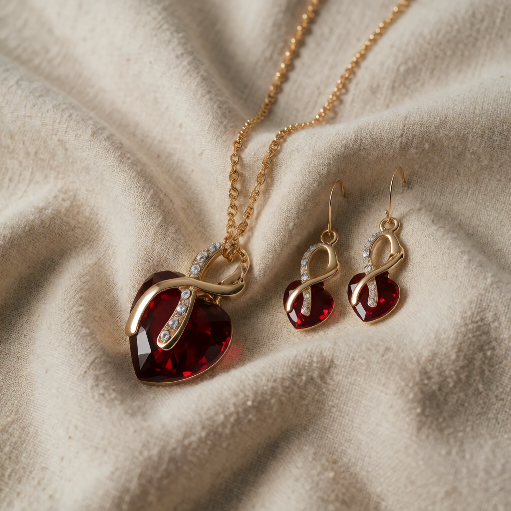 Conjunto Colar e Brincos Coração Vermelho com Laçada