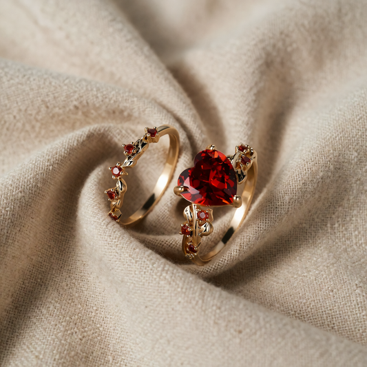 Conjunto Dois Anéis Coração Vermelho com Folhas