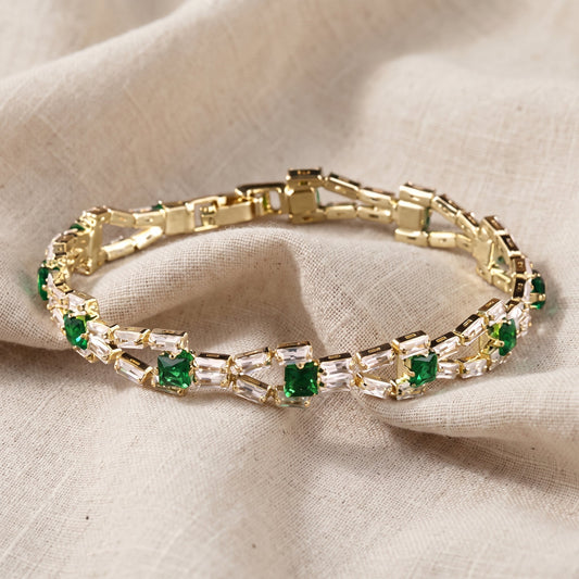Pulseira Losangos de Baguetes com Quadrados Verdes