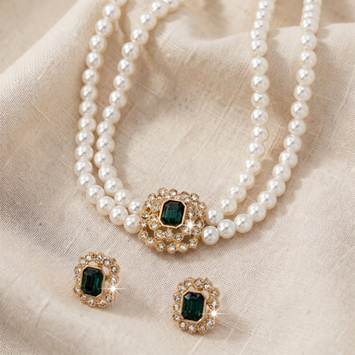 Conjunto Colar Duplo de Pérolas e Rectângulos Verdes