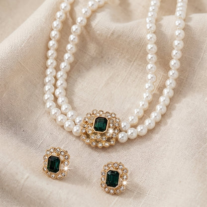 Conjunto Colar Duplo de Pérolas e Rectângulos Verdes