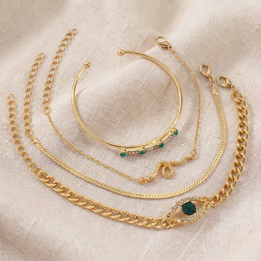 Conjunto Quatro Pulseiras com Olho Verde e Serpente