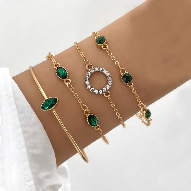 Conjunto Quatro Pulseiras com Navetes Verdes e Círculo