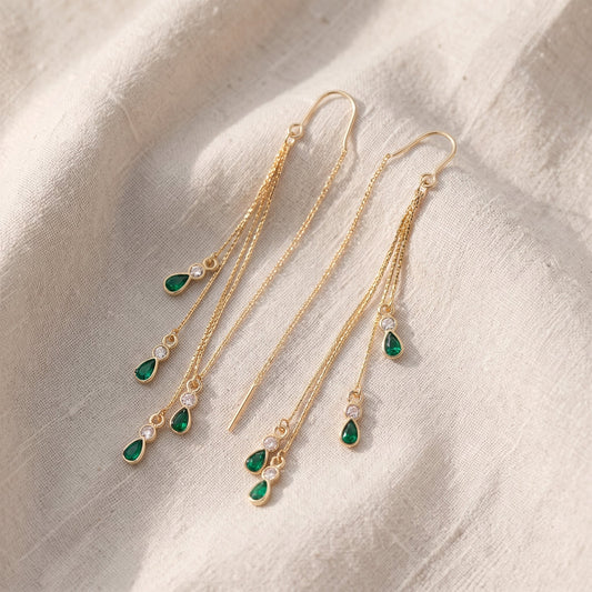 Brincos Quatro Correntes com Gotas Verdes