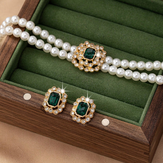 Conjunto Colar Duplo de Pérolas e Rectângulos Verdes