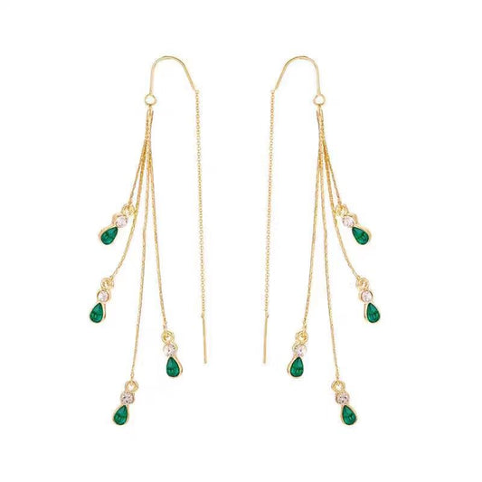 Brincos Quatro Correntes com Gotas Verdes