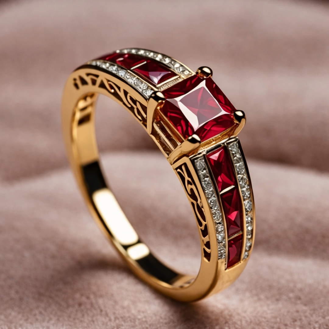 Anel Quadrado Vermelho com Arabescos Vazados