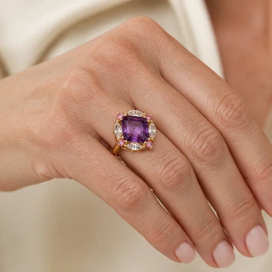 Anel Quadrado Roxo com Pedras Rosa