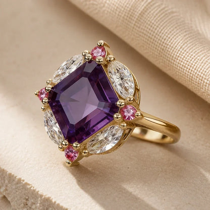 Anel Quadrado Roxo com Pedras Rosa