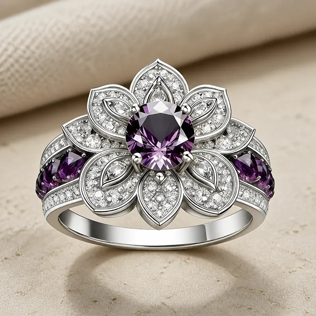 Anel Flor com Centro Roxo