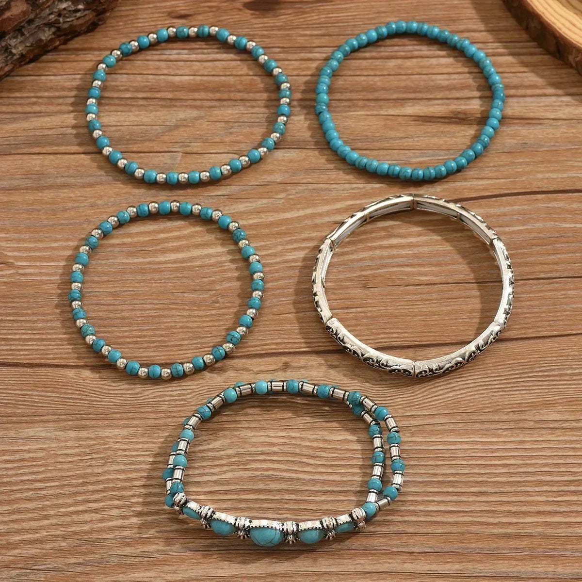 Conjunto Cinco Pulseiras Azuis e Prateadas