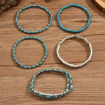 Conjunto Cinco Pulseiras Azuis e Prateadas