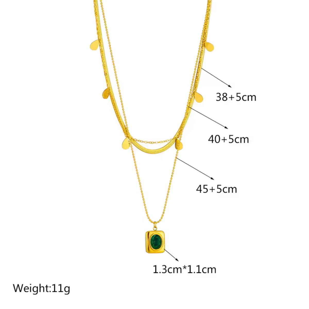 Conjunto Três Colares Gotas e Pedra Verde
