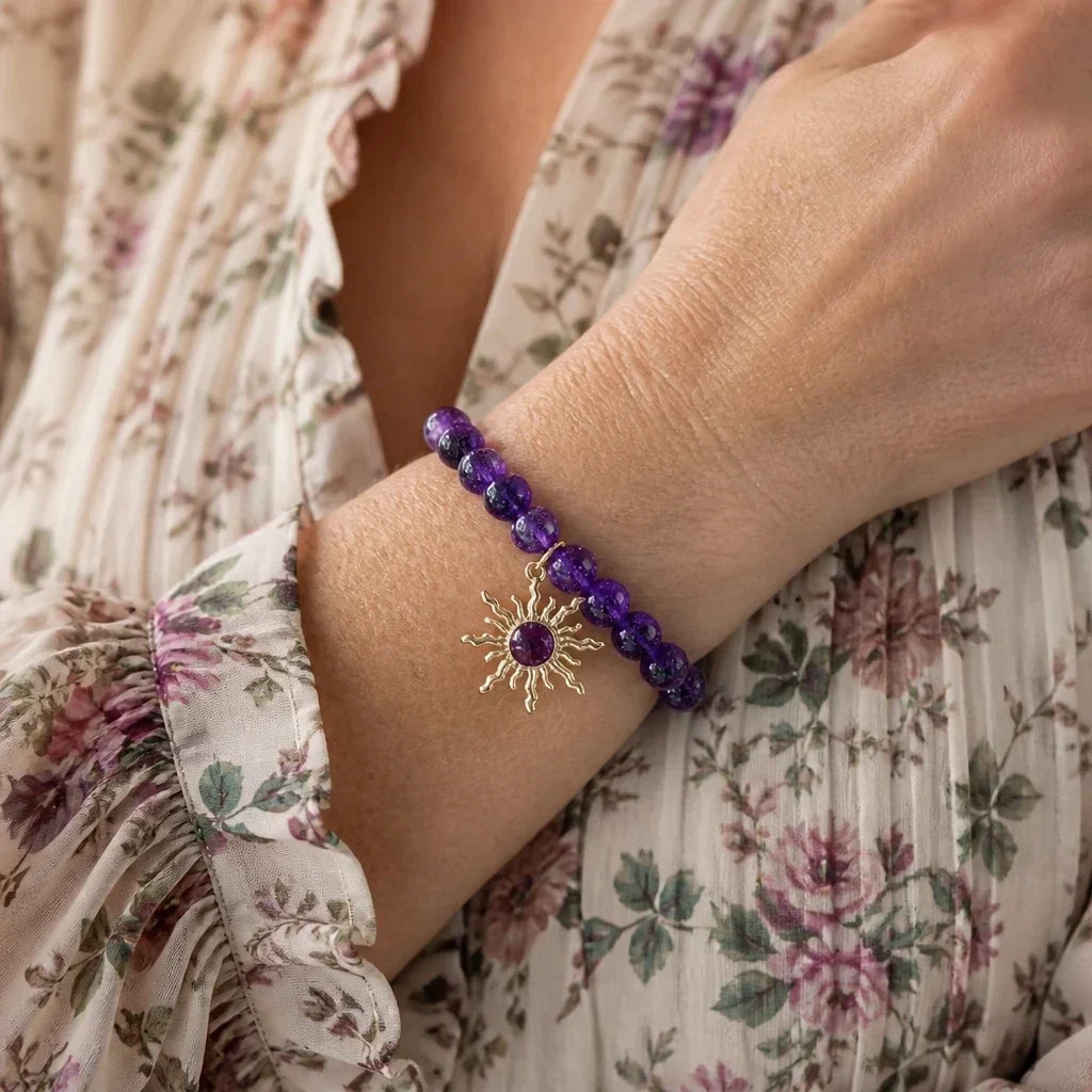 Pulseira Contas Roxas com Sol