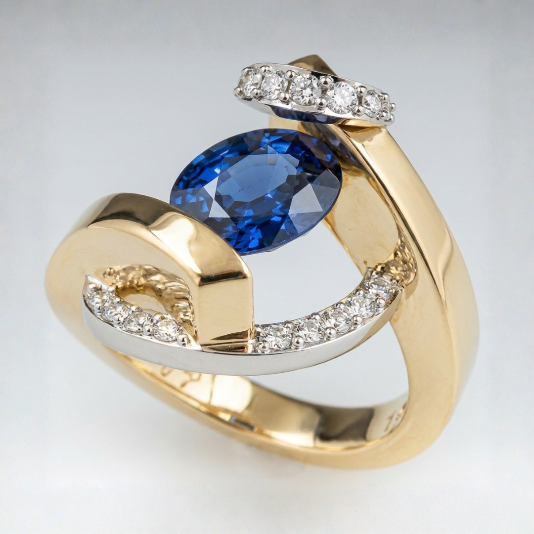 Anel Assimétrico Bicolor com Oval Azul