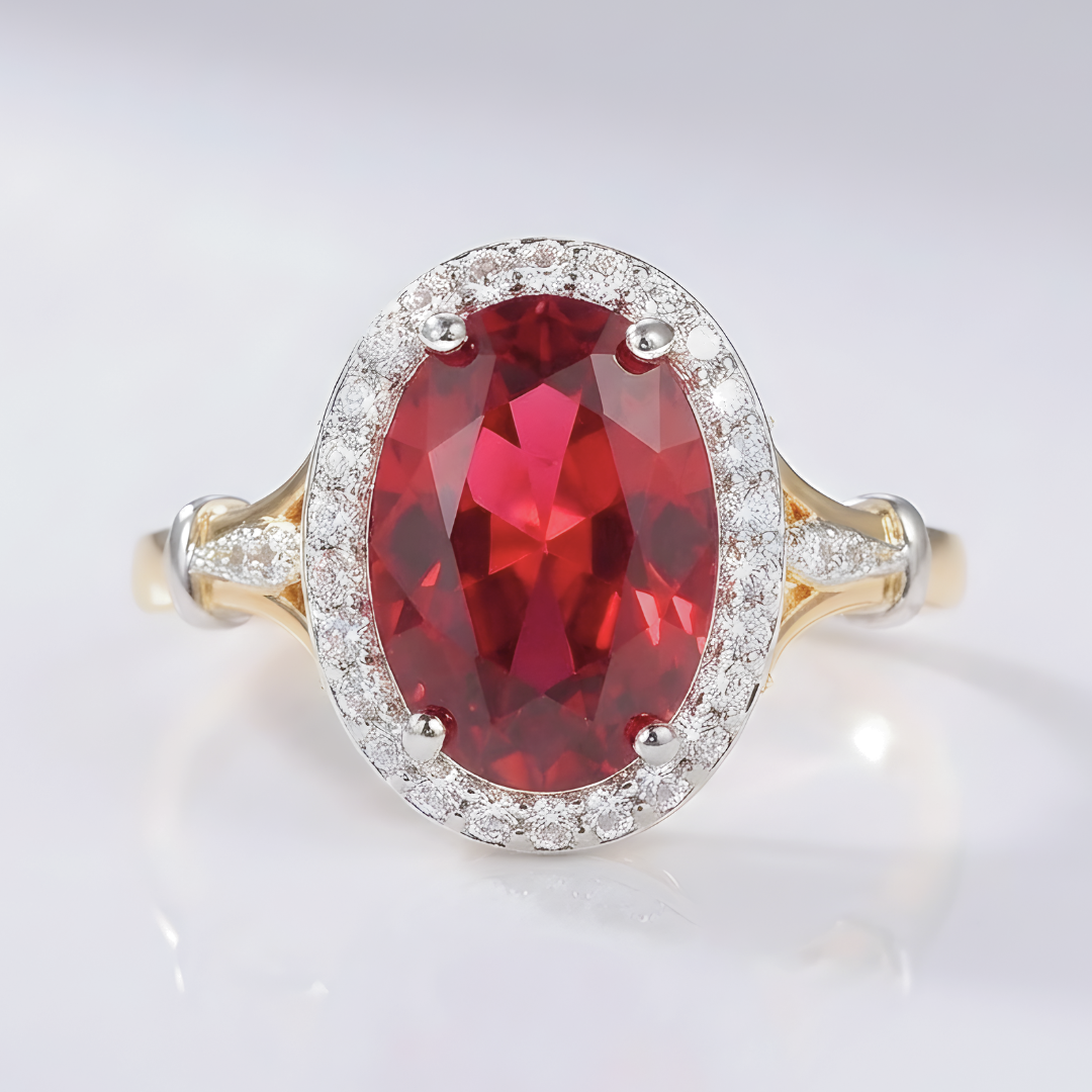 Anel Oval Vermelho com Orla Prateada e Aro Dourado