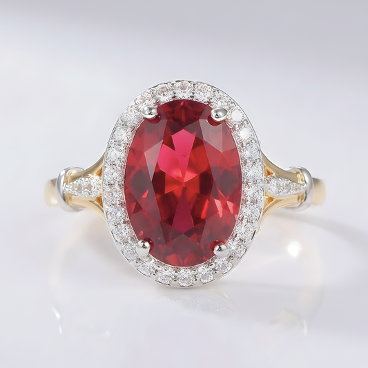Anel Oval Vermelho com Orla Prateada e Aro Dourado