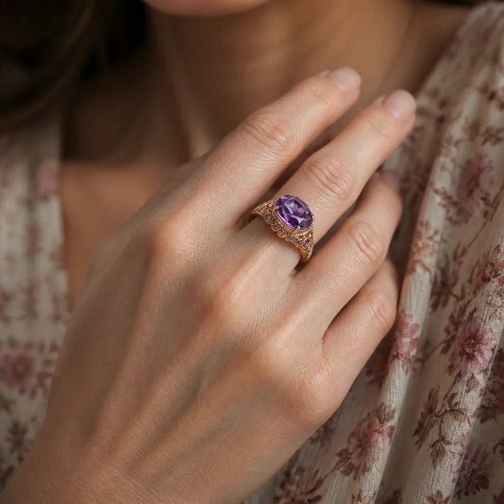 Anel Oval Roxo com Filigrana