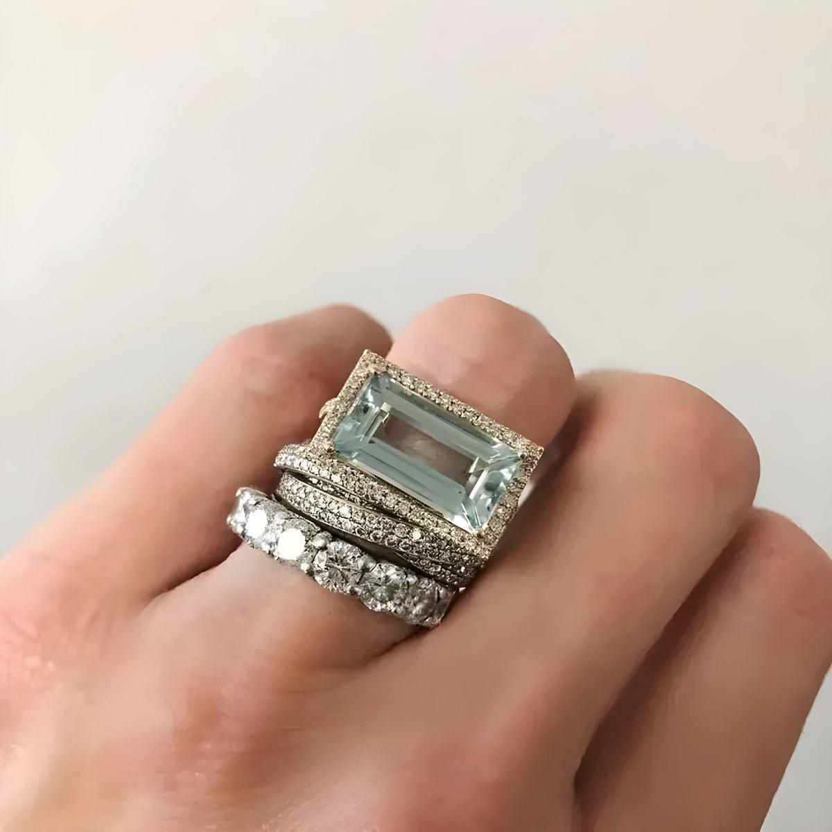 Conjunto Anéis com Pedra Rectangular Azul-Clara