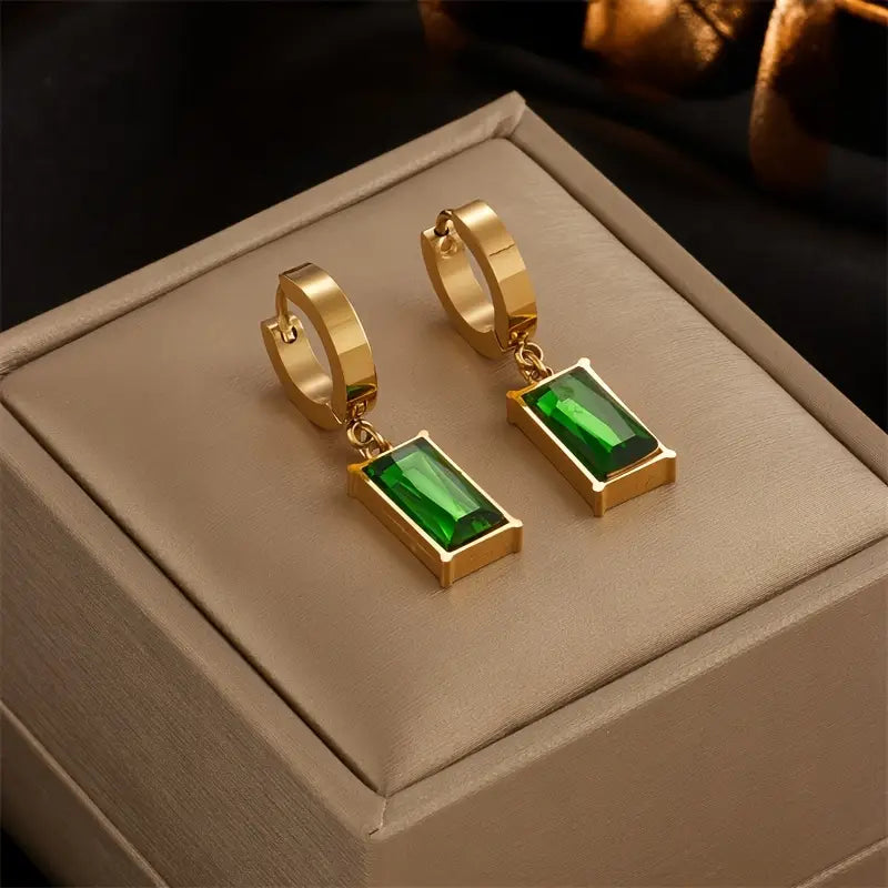 Conjunto Colar Espinha e Argolas com Rectângulo Verde