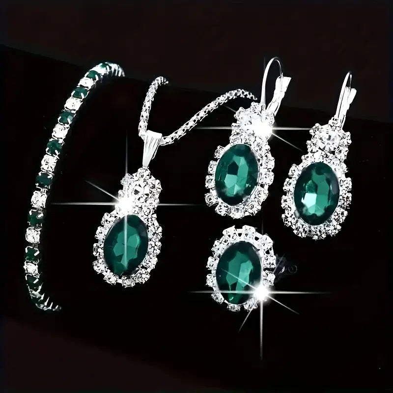 Conjunto Quatro Peças Oval Verde com Orla de Pedrinhas