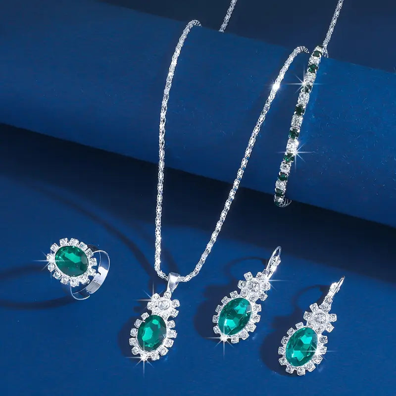 Conjunto Quatro Peças Oval Verde com Orla de Pedrinhas