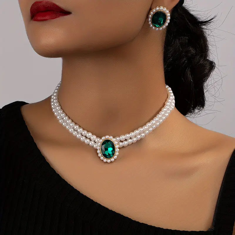 Conjunto Colar e Brincos Oval Verde com Orla de Pérolas