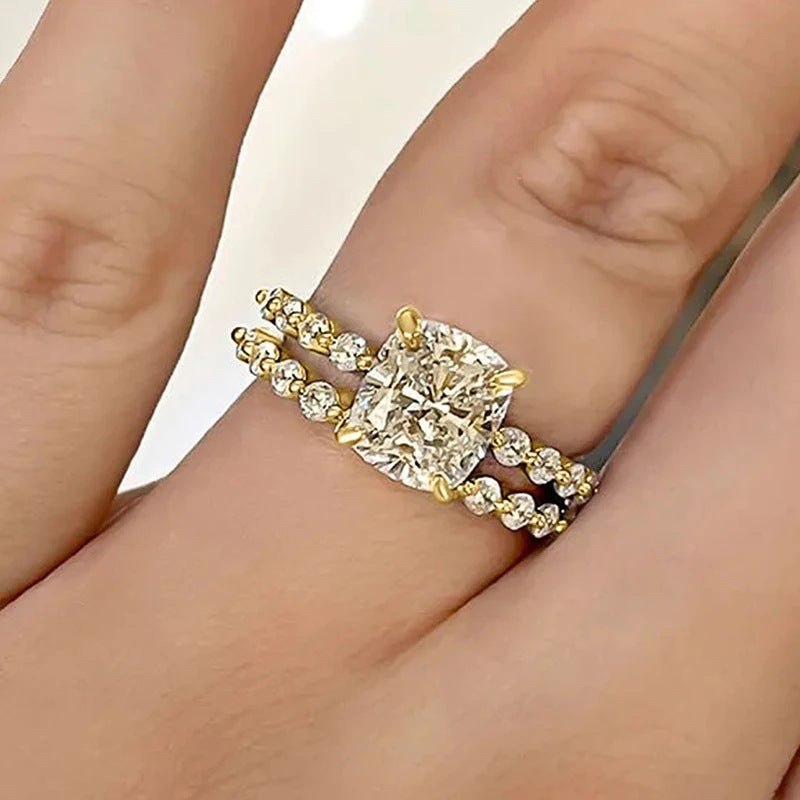 Conjunto Dois Anéis com Pedra Branca Rectangular